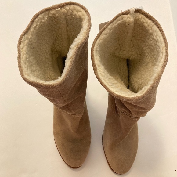 Joe Fresh Leather Suede Bootie Brown Foldable Sherpa Chunky Block Heel Boots - 9 - Picture 2 of 13